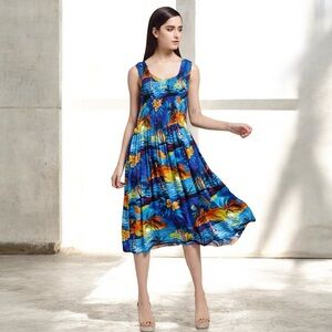Hawaii Hangover Vibrant Sunset Blue Elastic Luau sleeveless A-line Tank Dress